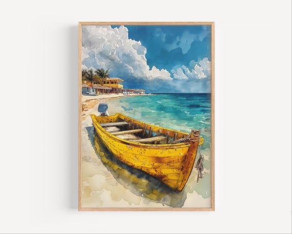 Isle Mujeres Wooden Boat Watercolor Painting Mexico Travel Poster Or Canvas Print Wall Art Gift Beach