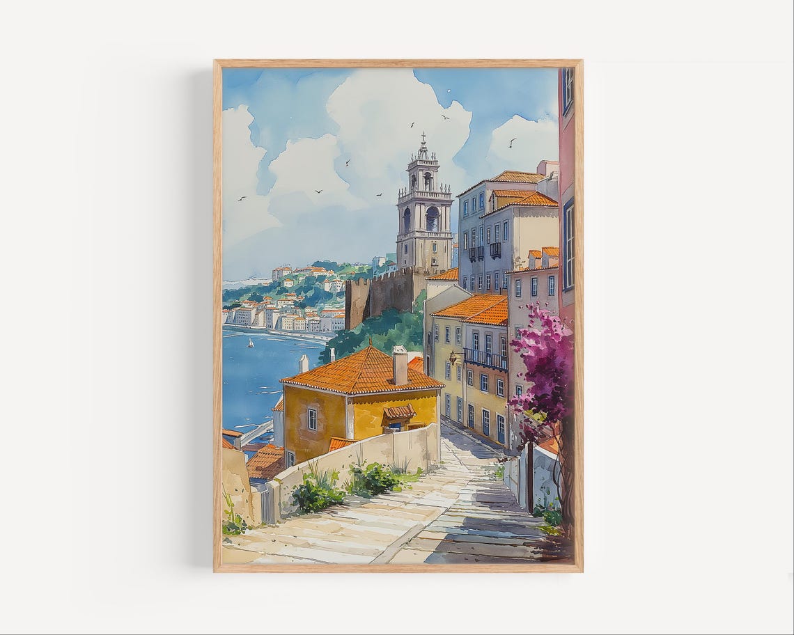 Charming Lisbon Portugal Hillside Town River View Watercolor Poster