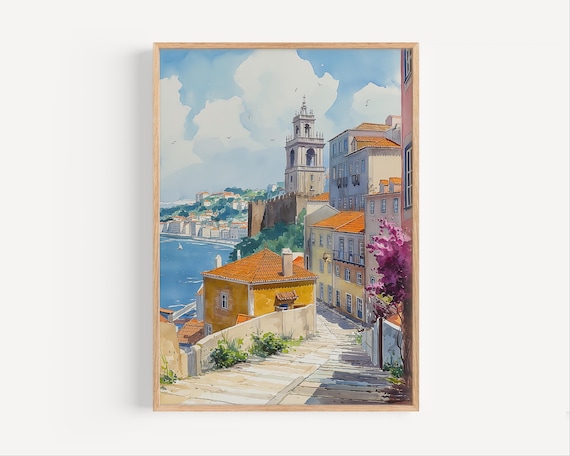 Charming Lisbon Portugal Hillside Town River View Watercolor Poster