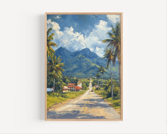 Tropical Mountain Road Palm Trees Village Travel Scenic Poster