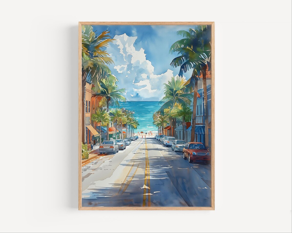 Key West Florida Watercolor Palm Tree Street Beach Scene Poster