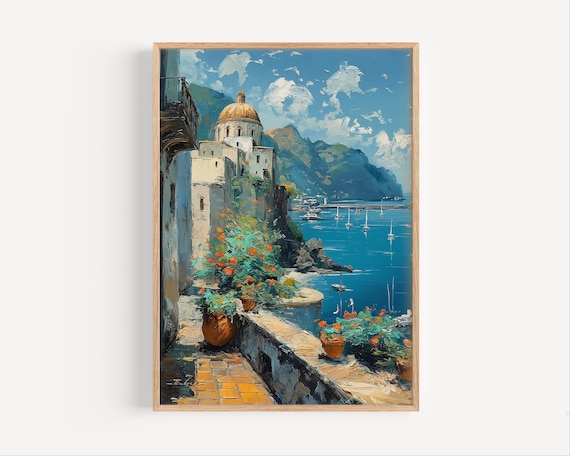 Mediterranean Coastal Town Domed Church Sunny Harbor View Art Poster