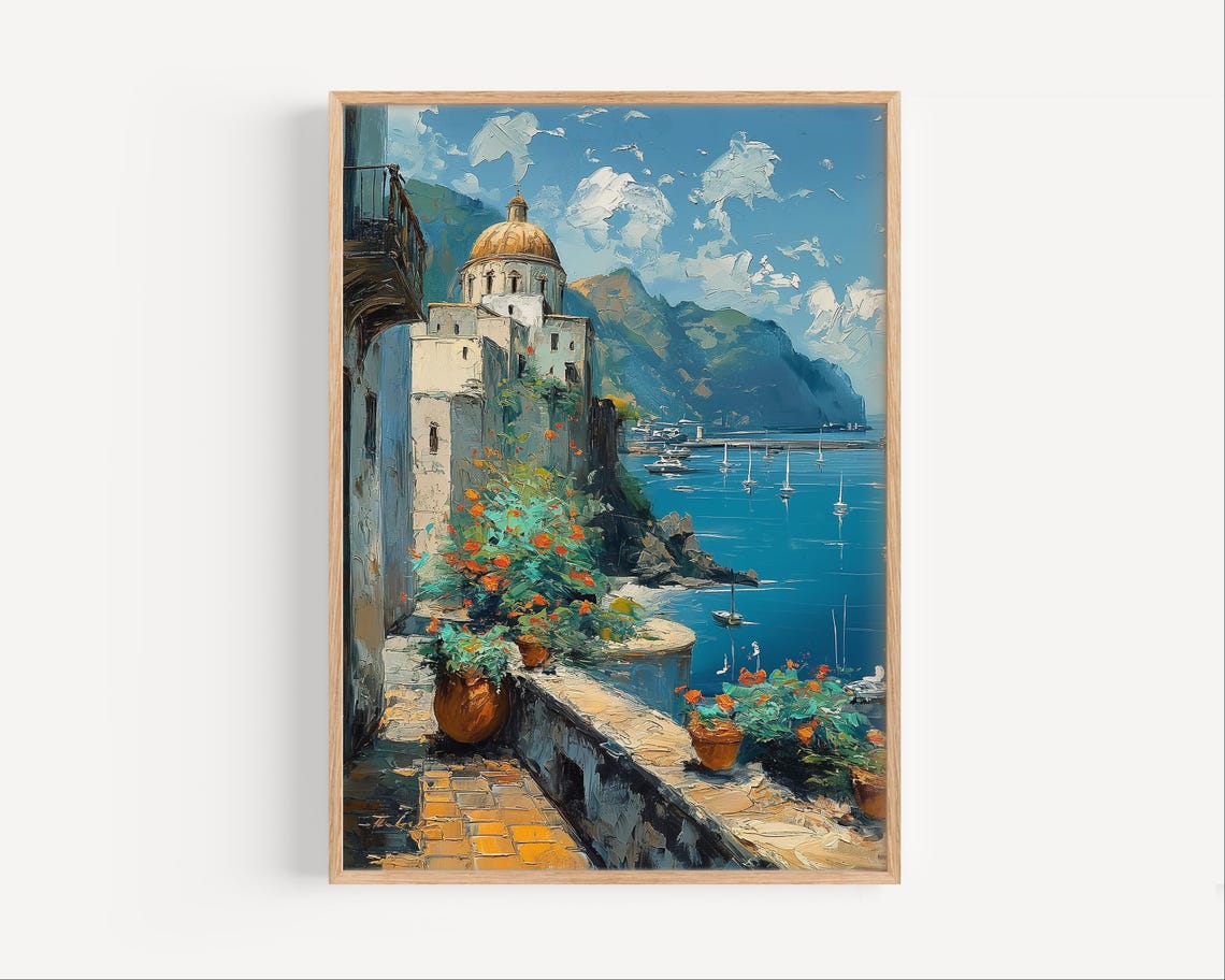 Mediterranean Coastal Town Domed Church Sunny Harbor View Art Poster