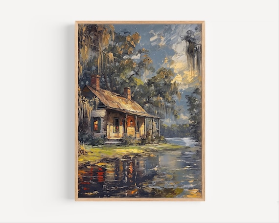 Misty Louisiana Bayou Shack Spanish Moss Swamp Watercolor Poster