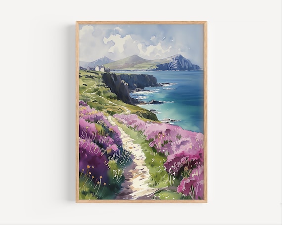 Coastal Cliff Path With Purple Heather Watercolor Seascape Poster