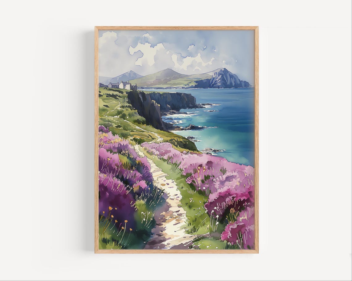Coastal Cliff Path With Purple Heather Watercolor Seascape Poster