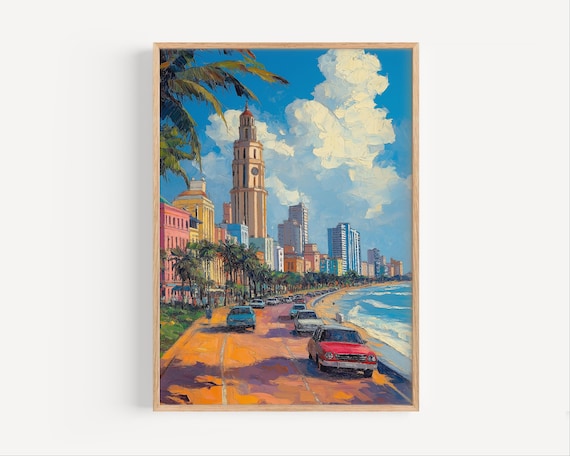 Beachfront Avenue Vintage Cars Clock Tower Oil Style Decor Poster