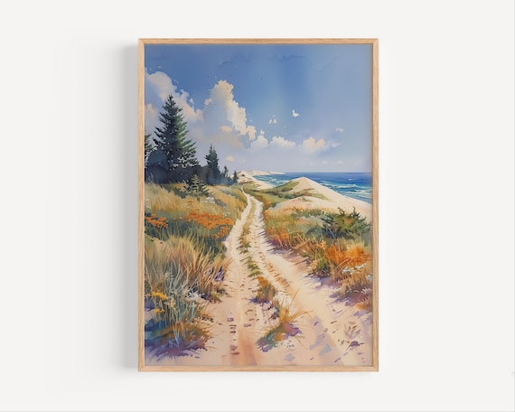 Sandy Dune Trail Beach Grass Pine Trees Lakeshore Watercolor Poster