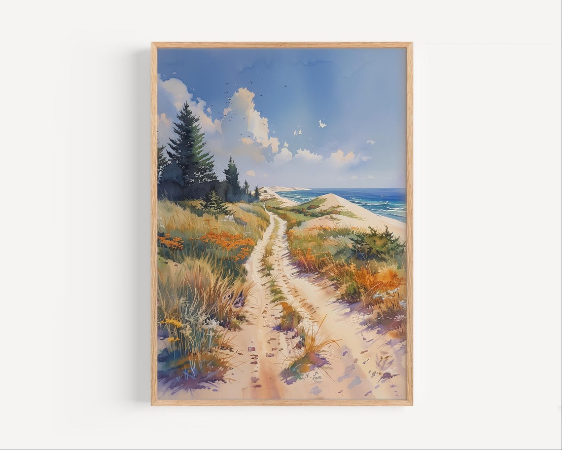 Sandy Dune Trail Beach Grass Pine Trees Lakeshore Watercolor Poster