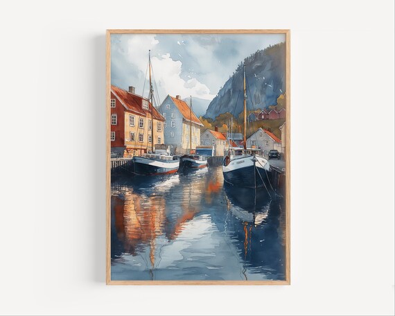 Fredrikstad Norway Harbor Sailboats Reflections Watercolor Poster