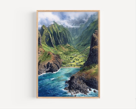 Tropical Volcanic Cliffs Lush Valley Ocean Cove Watercolor Print