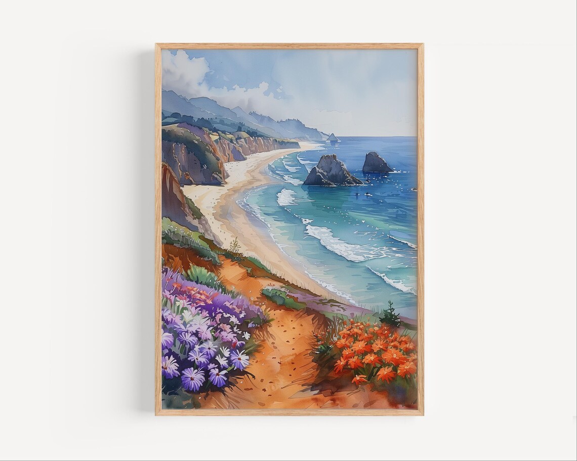 Big Sur California Coastline Watercolor Beach Wildflowers Travel Poster
