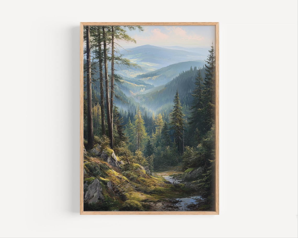 Misty Pine Forest Mountain Valley Layered Peaks Panoramic Landscape Decor Poster