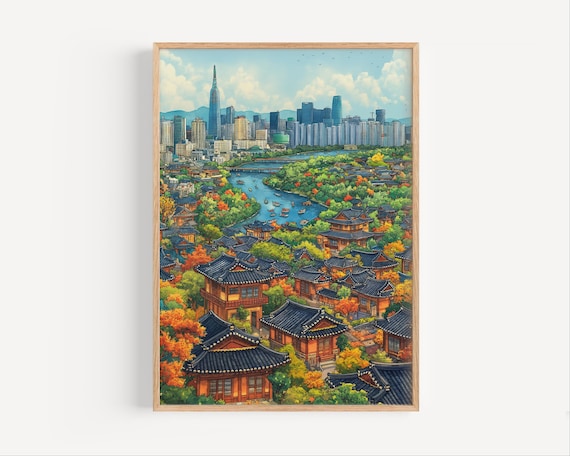 Seoul South Korea Cityscape Watercolor Painting Korean Capital City Poster Print Or Canvas Asian Travel Wall Art Gift Asia Detailed