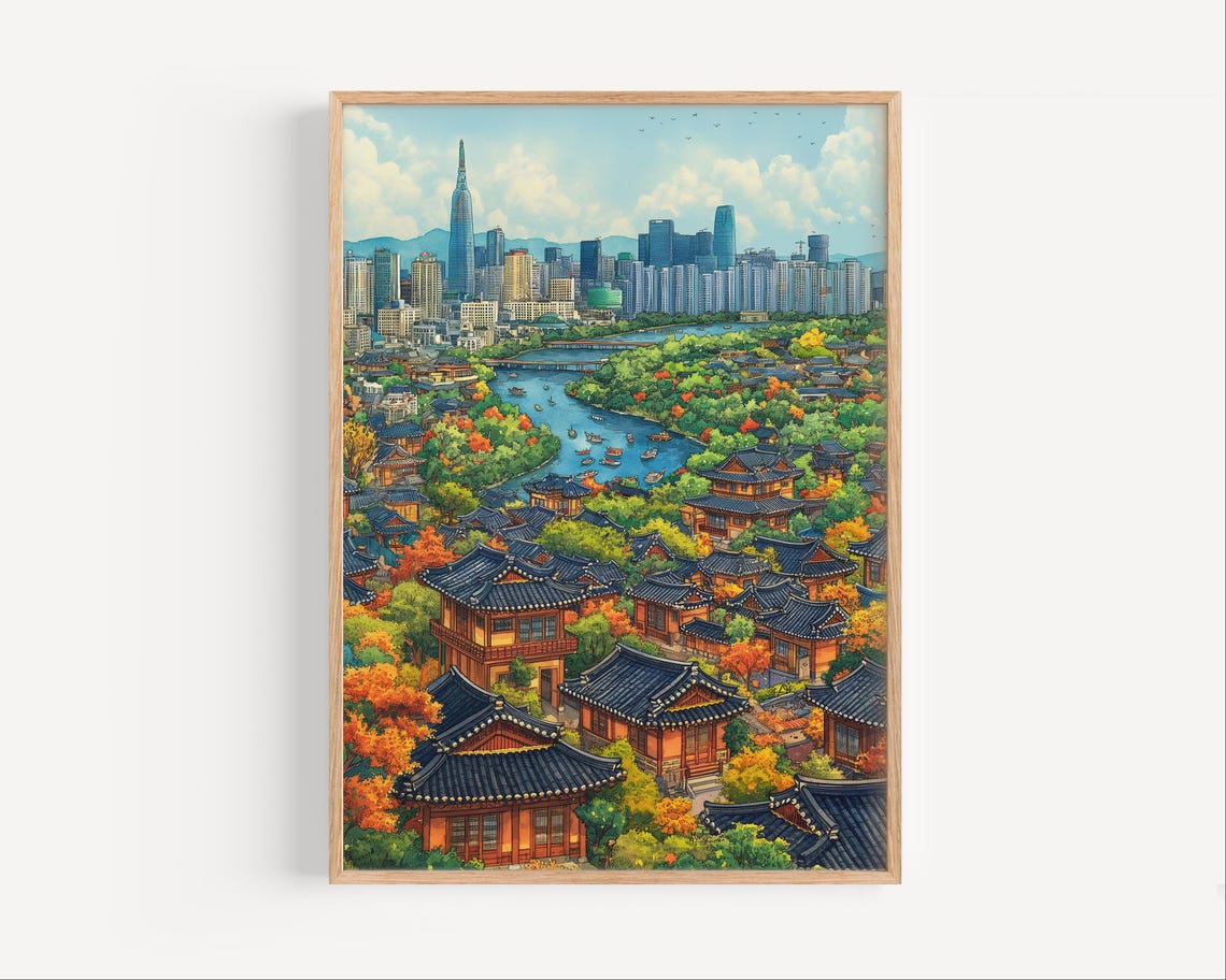 Seoul South Korea Cityscape Watercolor Painting Korean Capital City Poster Print Or Canvas Asian Travel Wall Art Gift Asia Detailed