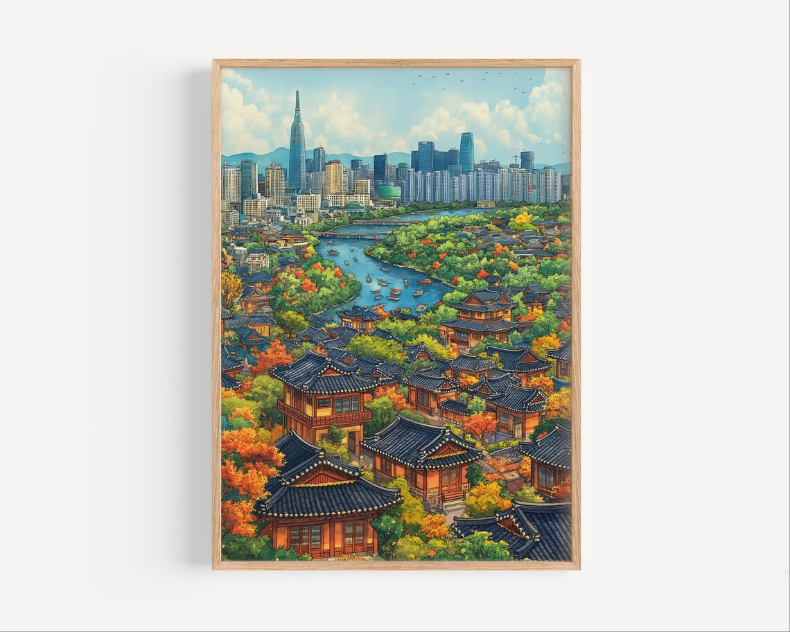 Seoul South Korea Hanok Village River Autumn Cityscape Poster