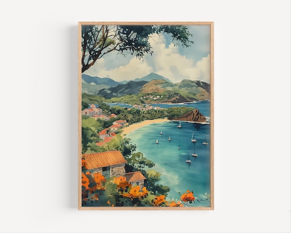 Caribbean Bay Watercolor Sailboats Mountains Tropical Travel Poster