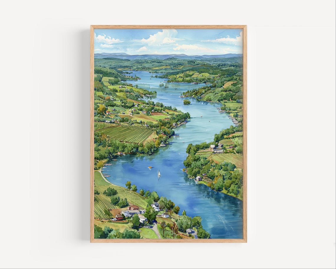 Finger Lakes Aerial River Valley Watercolor Landscape Poster