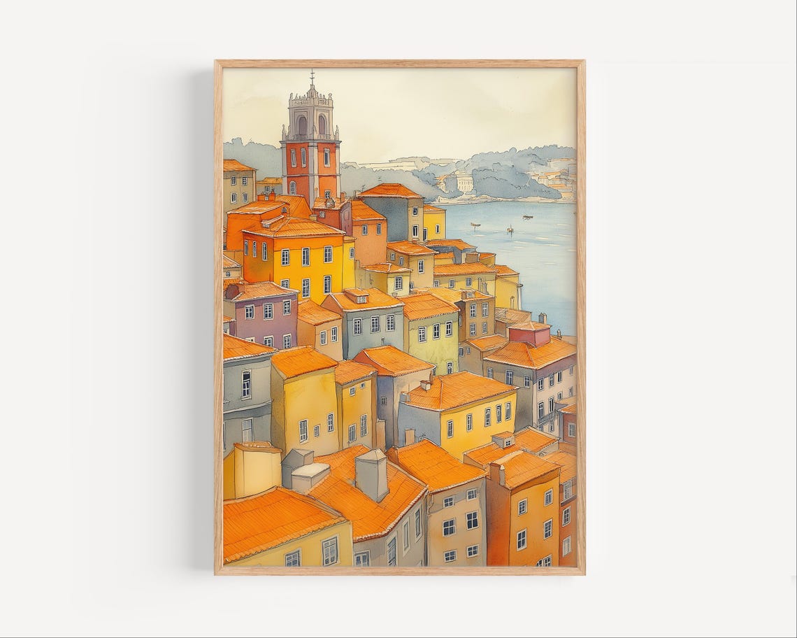 Orange Rooftop Riverside Old Town Watercolor Travel Decor Poster