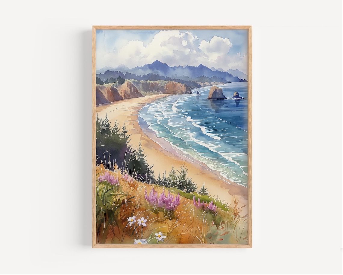 Cannon Beach Oregon Watercolor Poster Print