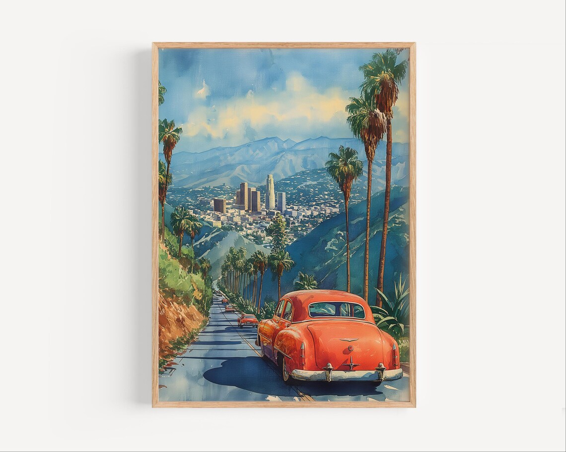 Los Angeles Vintage Highway Classic Red Car Palm Trees Art Poster