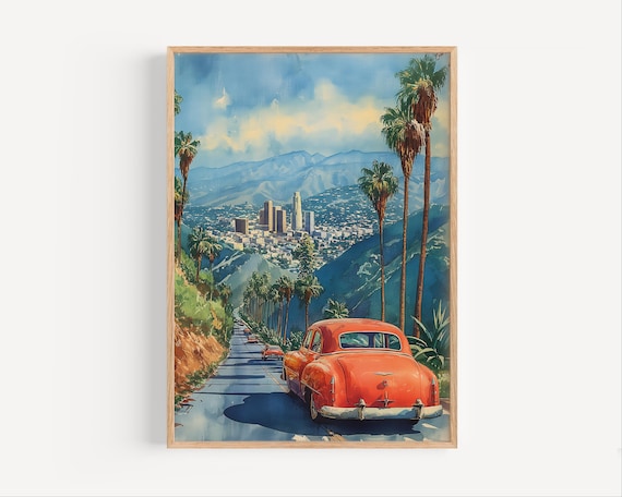 Los Angeles Vintage Highway Classic Red Car Palm Trees Art Poster