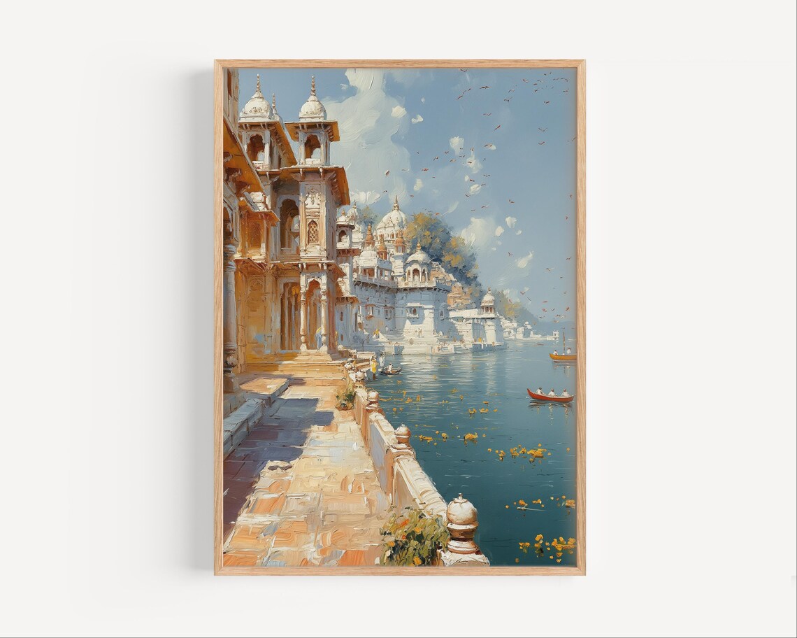 White Marble Indian Temples Along Sacred Lake Painting Poster