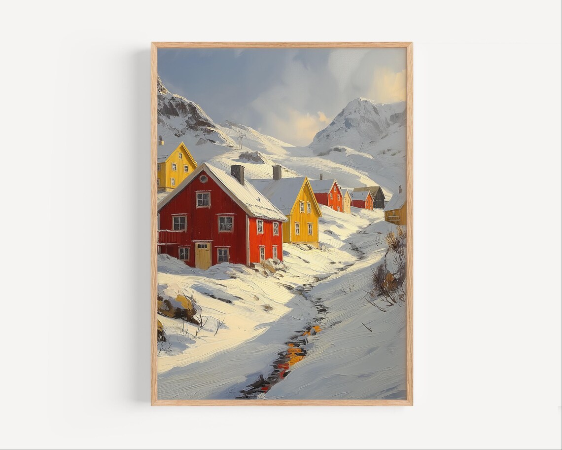 Svalbard Norway Snowy Arctic Village Red Houses Winter Poster