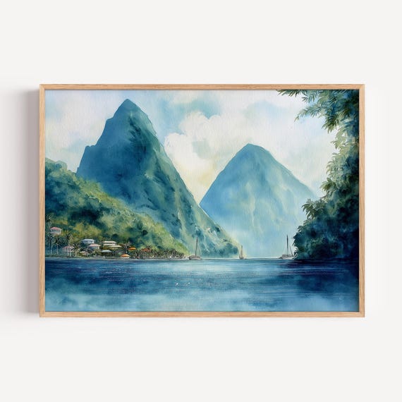 Saint Lucia Landscape Watercolor Painting Caribbean Island Travel Poster Print Or Canvas Wall Art Gift Tropical Pitons