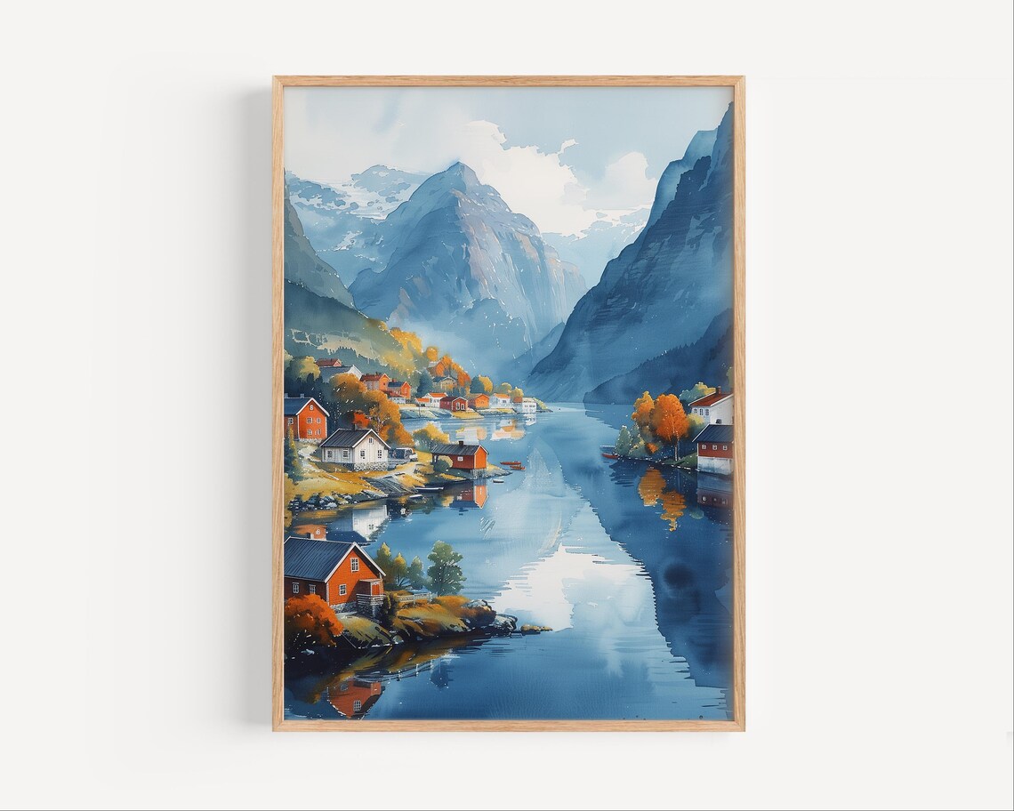 Fjords In Norway Oil Painting Scandinavian Travel Poster