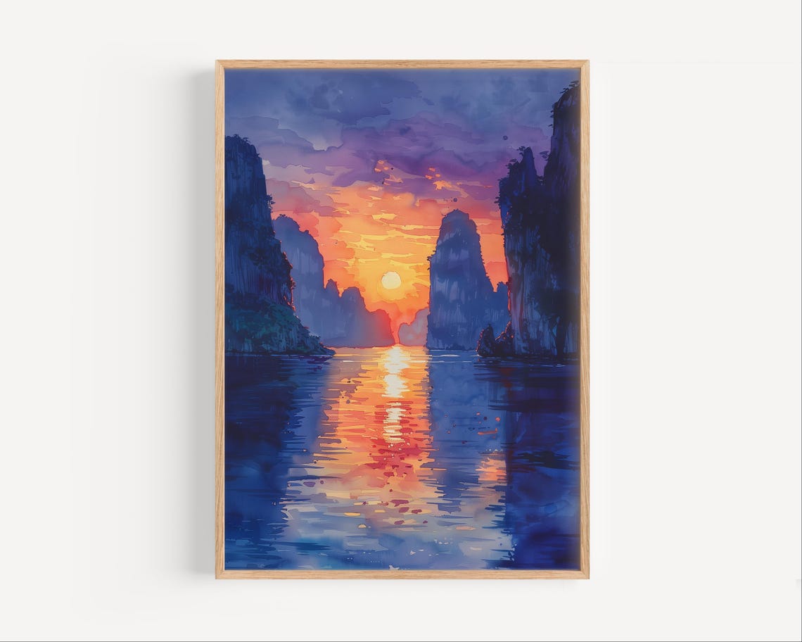 Ha Long Bay Vietnam Sunset Karst Cliffs Glowing Ocean Water Art Poster