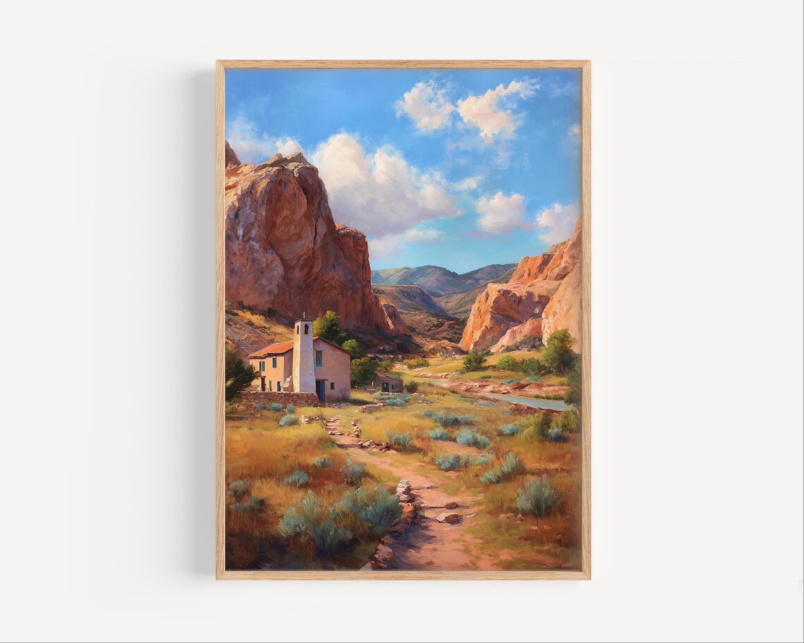 Desert Mission Church Red Rocks Southwest Landscape Painting Wall Art