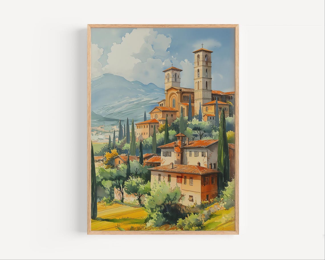 Assisi Italy Watercolor Painting Europe Travel Poster Print Or Canvas Umbria Wall Art Gift Italian Countryside Decor Souvenir