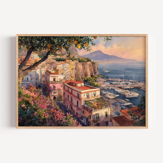 Sorrento Italy Landscape Watercolor Painting Print Amalfi Coast Lemon Tree Travel Poster Or Canvas Italian Wall Art