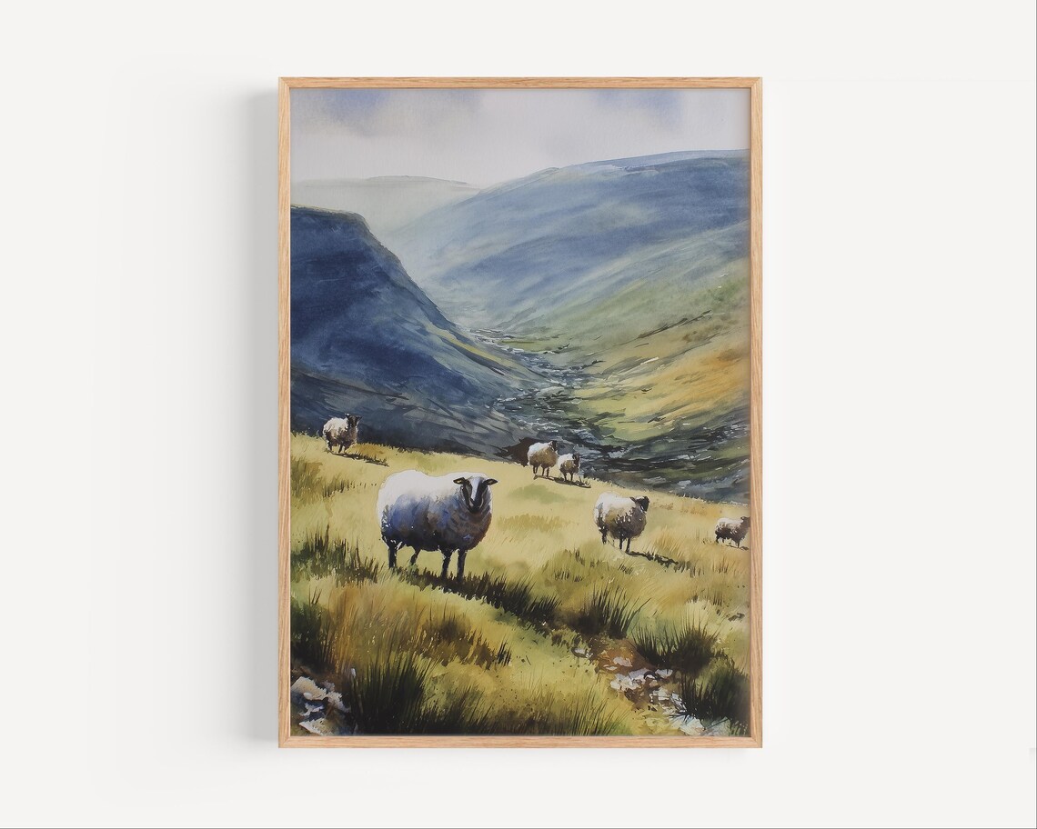 Irish Sheep Watercolor Painting Misty Highland Valley Landscape Poster