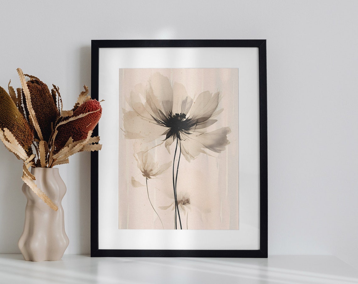 Elegant Xray Flower Large Bloom Beige Black Floral Art Poster