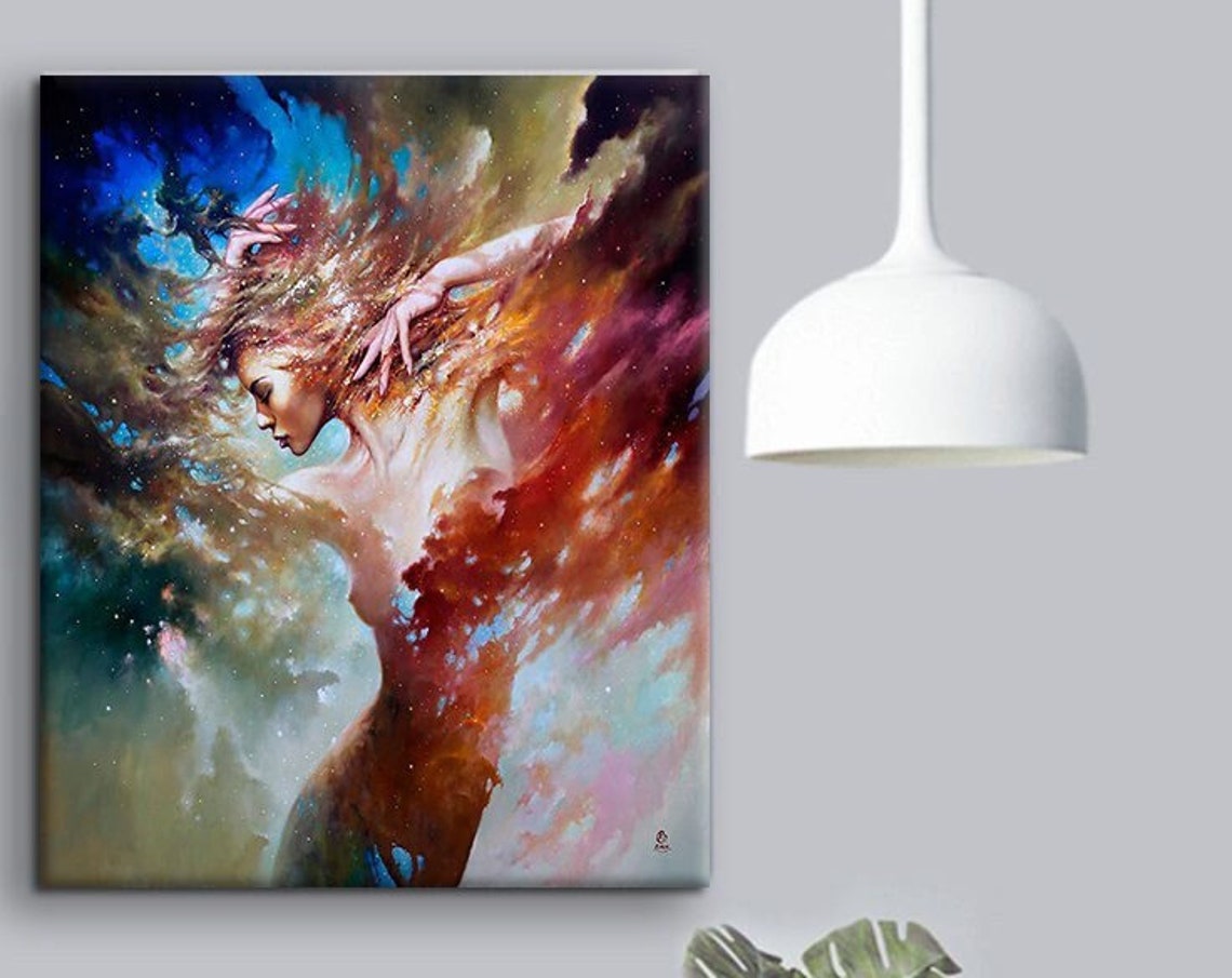 Ethereal Cosmic Goddess Dissolving Into Colorful Nebula Sky Poster