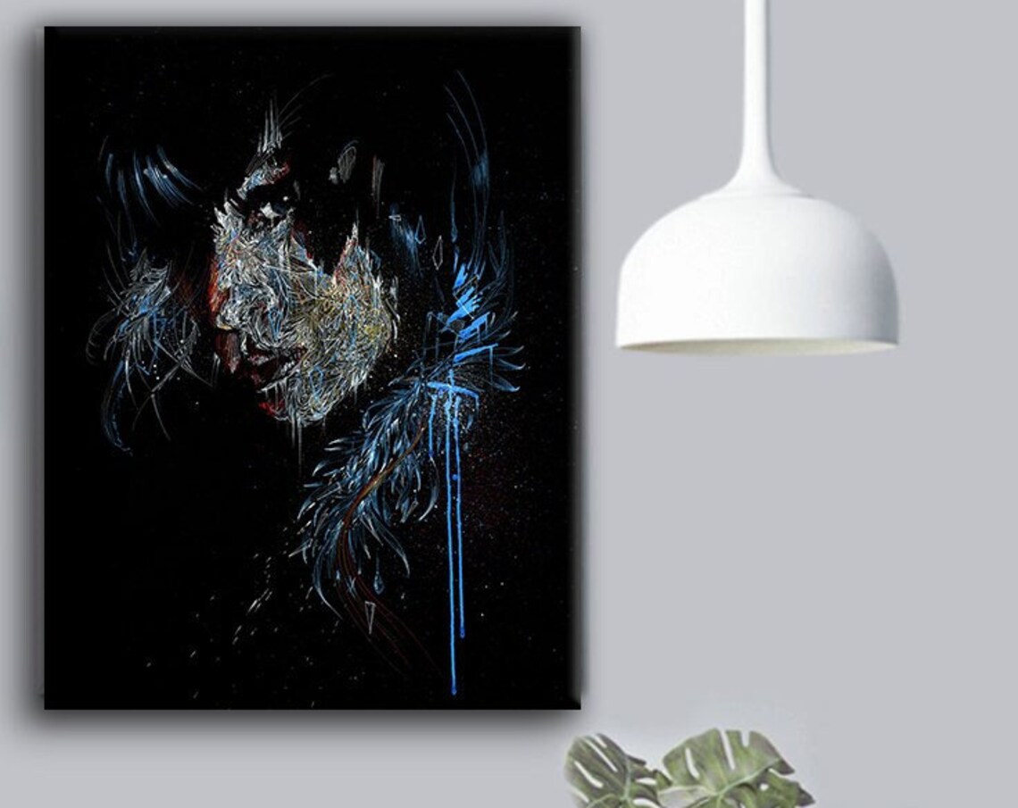 Dark Abstract Woman Face Textured Blue Highlights Modern Portrait Art Print - Image 4