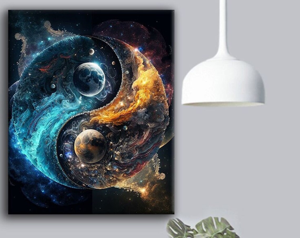 Cosmic Yin Yang Planet Swirls Blue Gold Nebula Wall Art Poster
