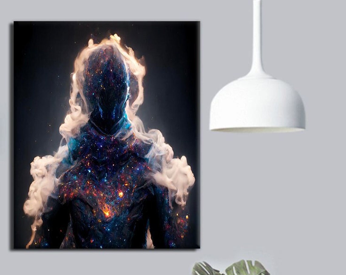 Cosmic Silhouette Figure Nebula Smoke Galaxy Surreal Dark Art Poster