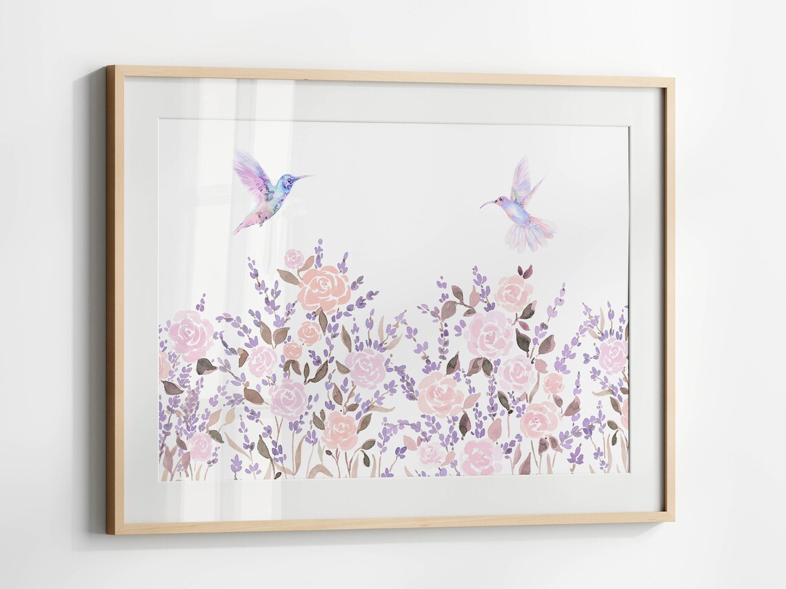 Hummingbirds and Lavender Watercolor Poster with Pink Rose Garden