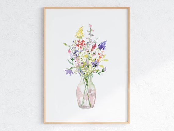 Wildflower Bouquet Watercolor Art Print, Floral Vase