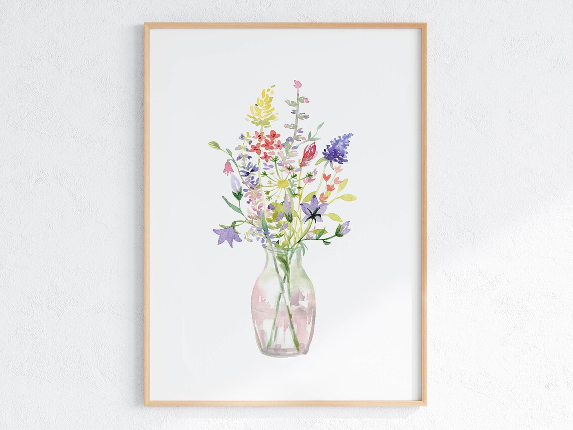 Wildflower Bouquet Watercolor Art Print, Floral Vase