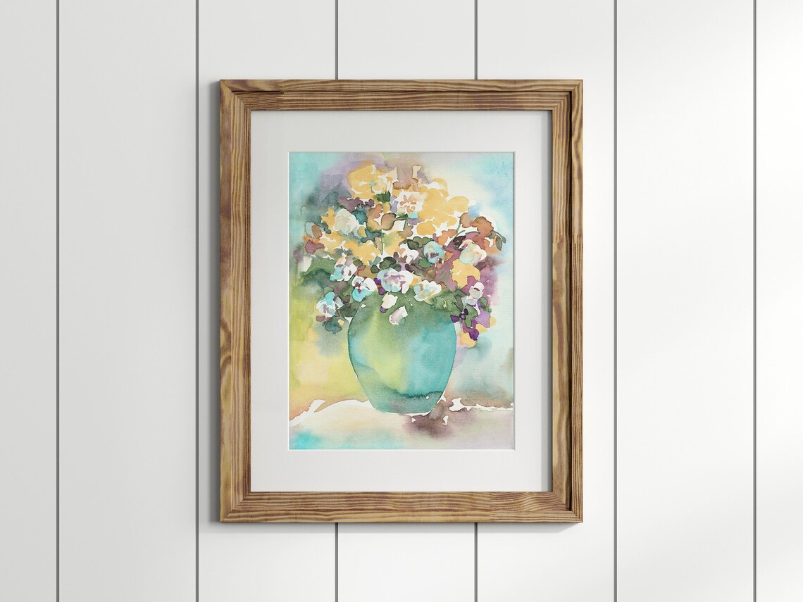 Colorful Wildflower Bouquet Teal Vase Impressionist Watercolor Poster - Image 2
