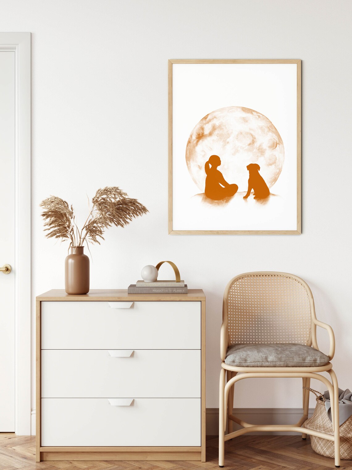 Girl And Dog Silhouette Full Moon Terracotta Watercolor Art Print - Image 3