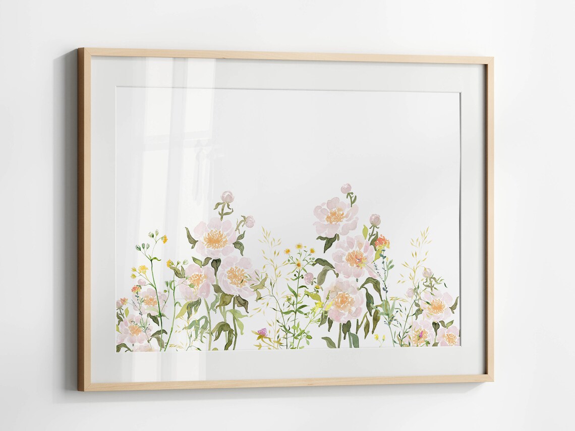 Blush Pink Peony Meadow Watercolor Floral Arrangement Wall Art