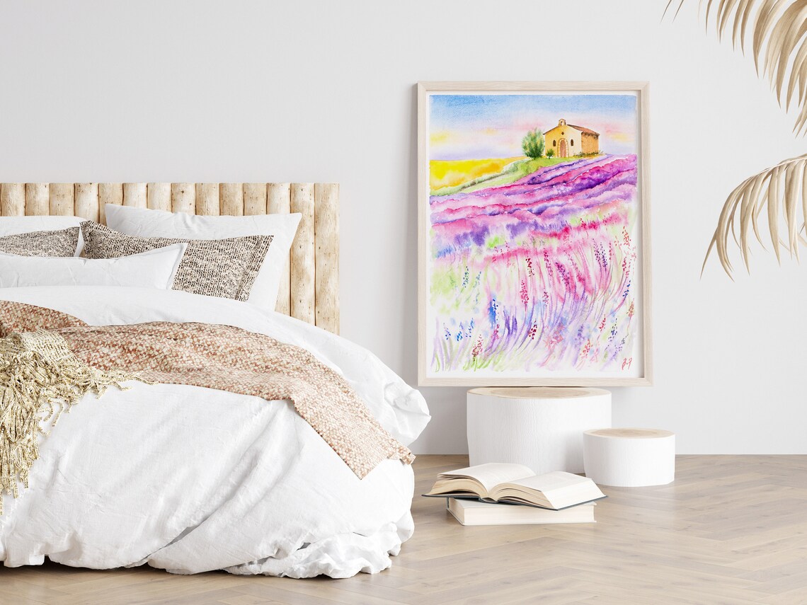 Lavender Field Farmhouse Hilltop Watercolor Landscape Travel Poster - Image 2
