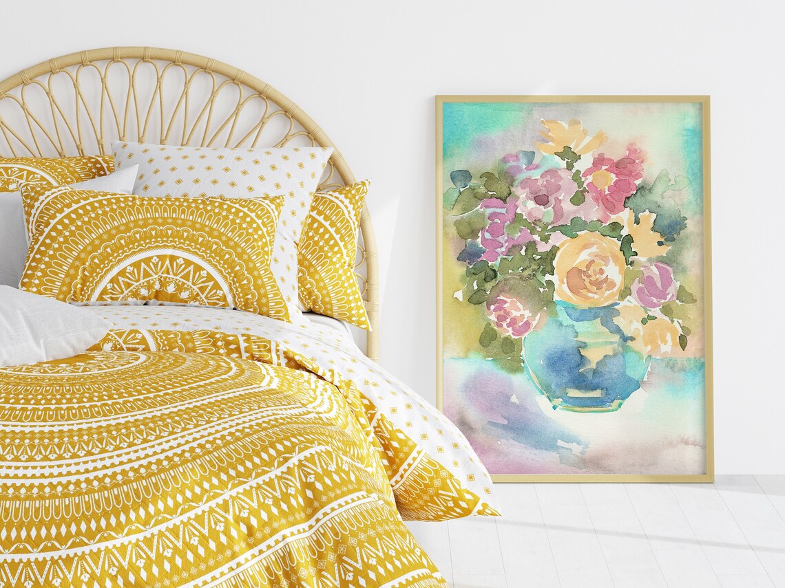 Colorful Floral Bouquet In Blue Vase Watercolor Still Life Art Poster - Image 3