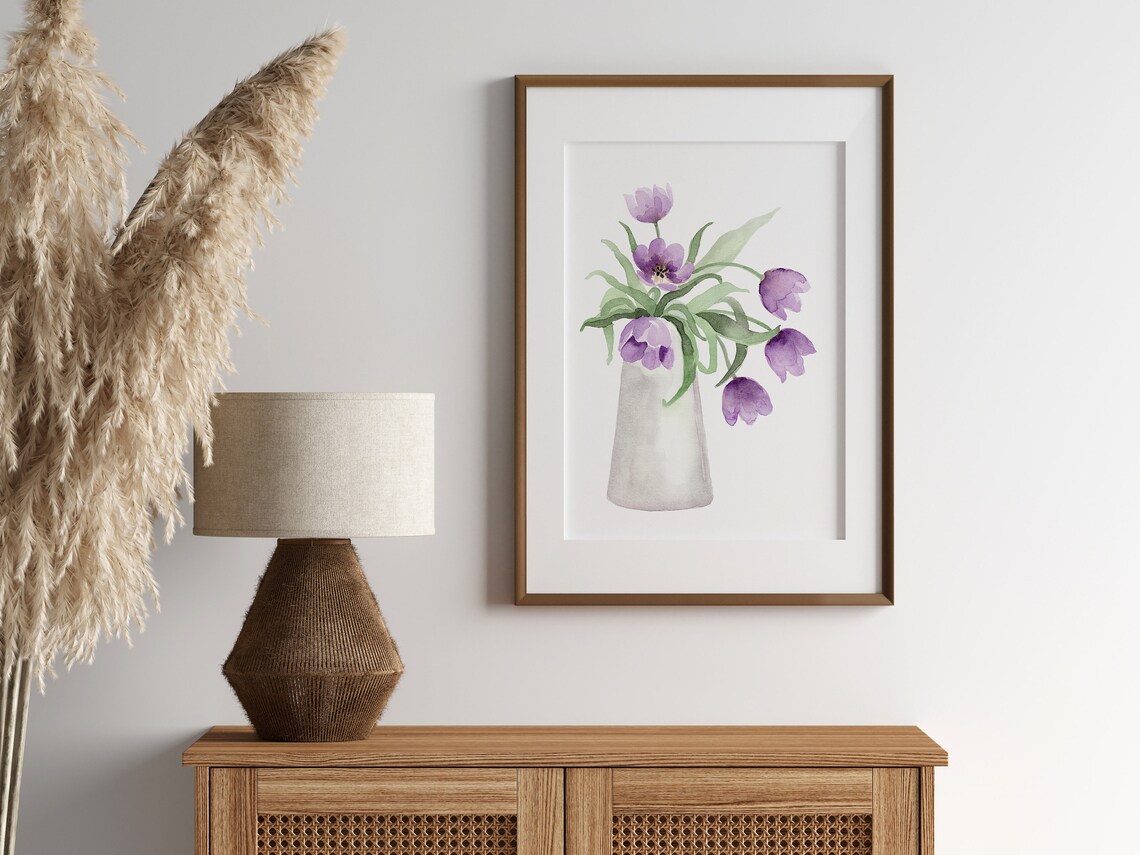 Purple Tulips White Vase Watercolor Floral Minimalist Poster - Image 2