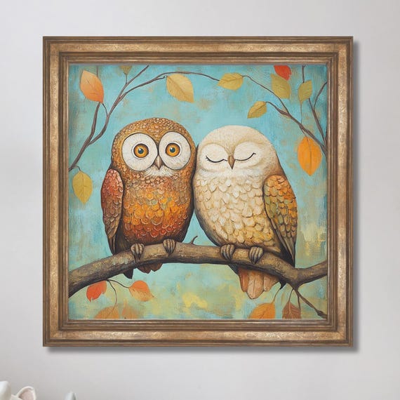Two Owls Art Print Whimsical Nursery Wall Cuddling Painting Gender Neutral Baby Gift Cute Decor